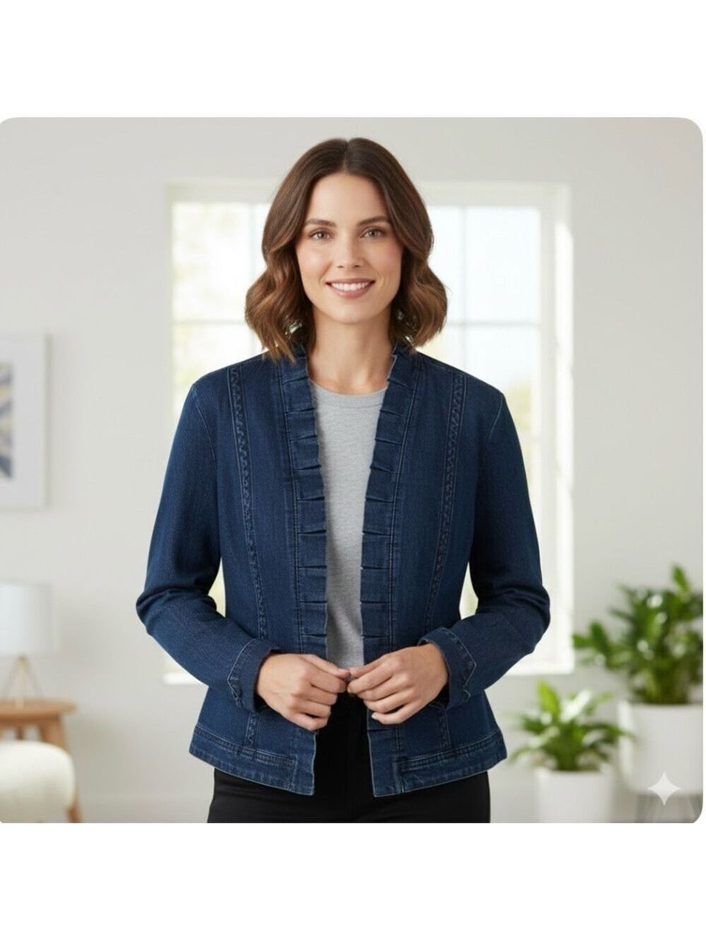 CHRISTIANA ZINN Cotton Blend Denim Jacket Ruffle Detail Turn Up Cuffs Sz 24W